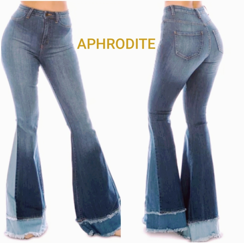 Aphrodite Nwot High Rise Flare Leg Multi panel Raw Hem Medium Blue Wash …